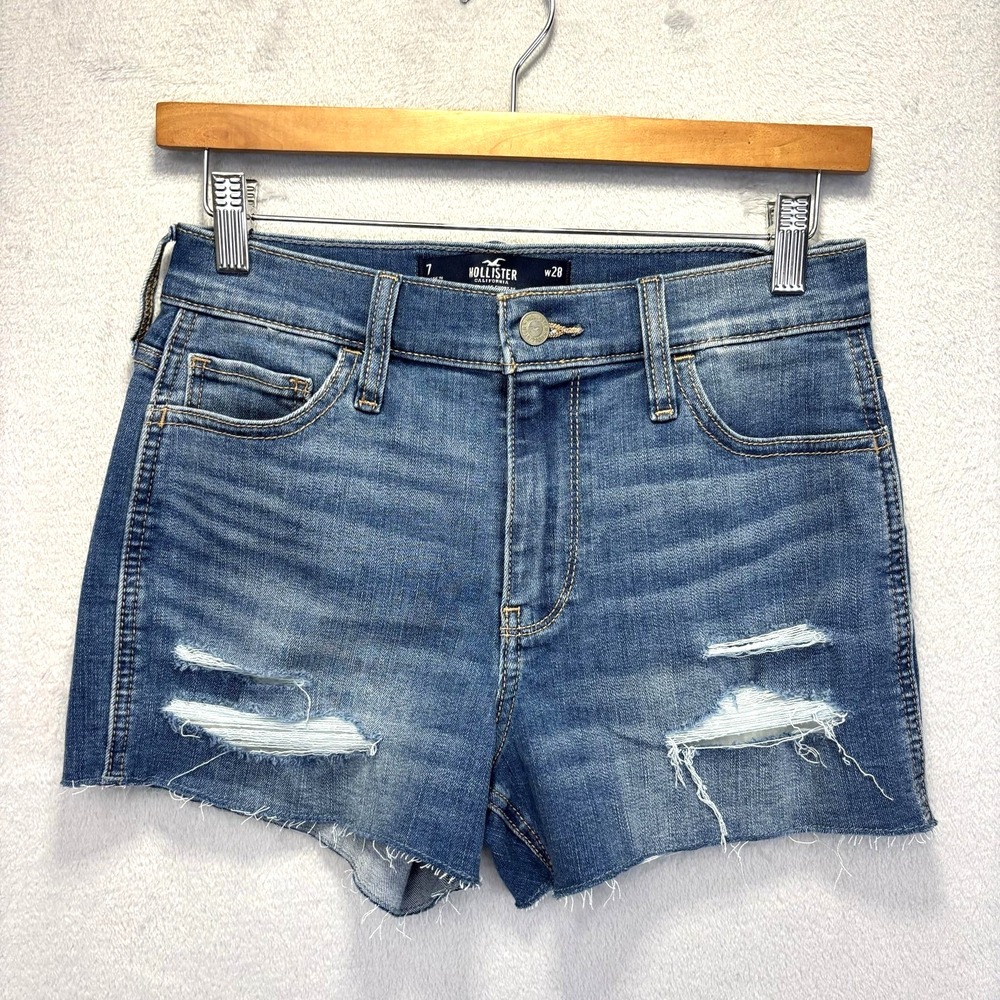 Hollister High-Rise Cut-Off Denim Shorts Juniors 7 28 Blue Distressed Stretch 3"